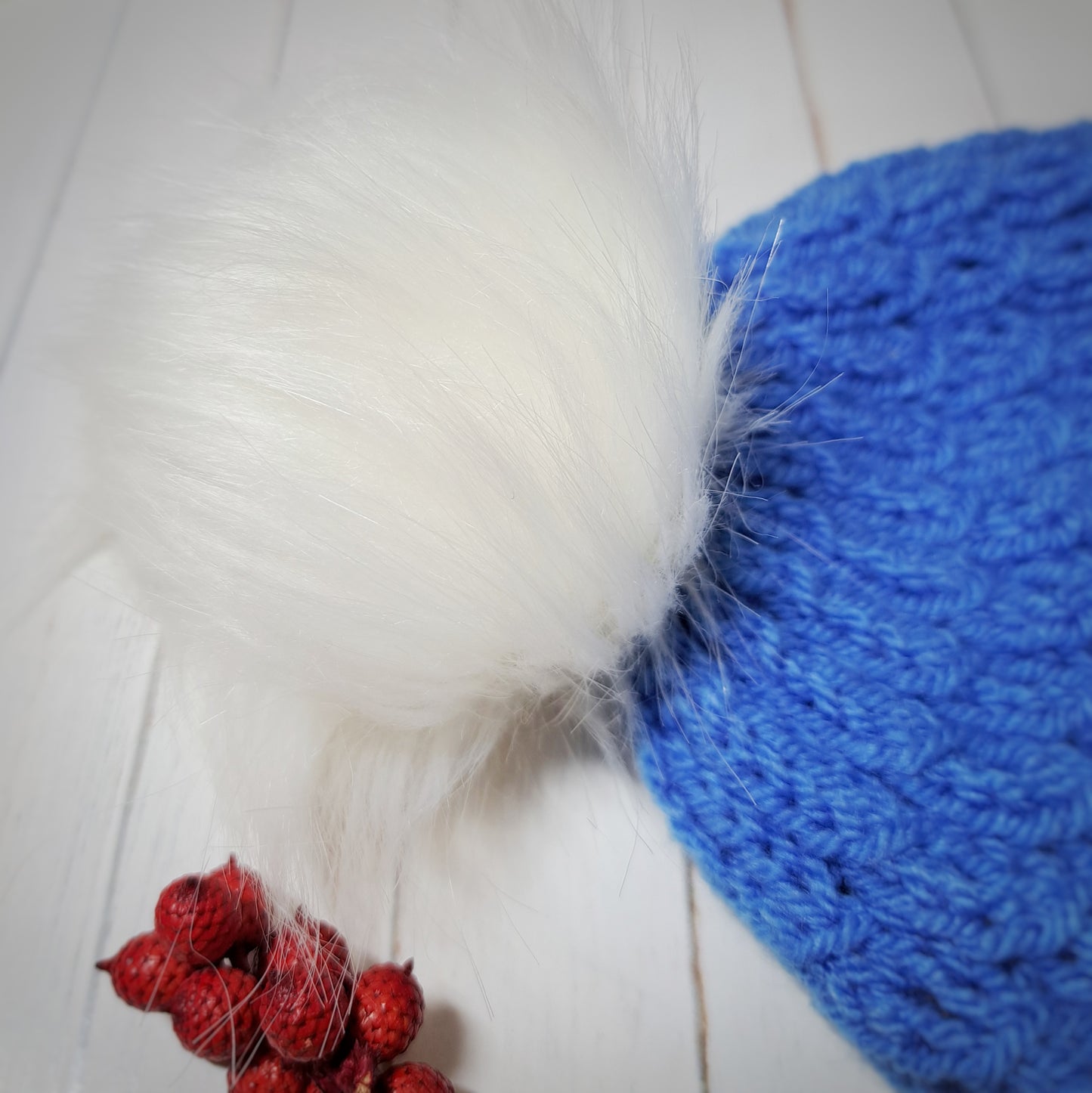 Blue Hand Knit Hat with Pom Pom - Pom Pom Close Up