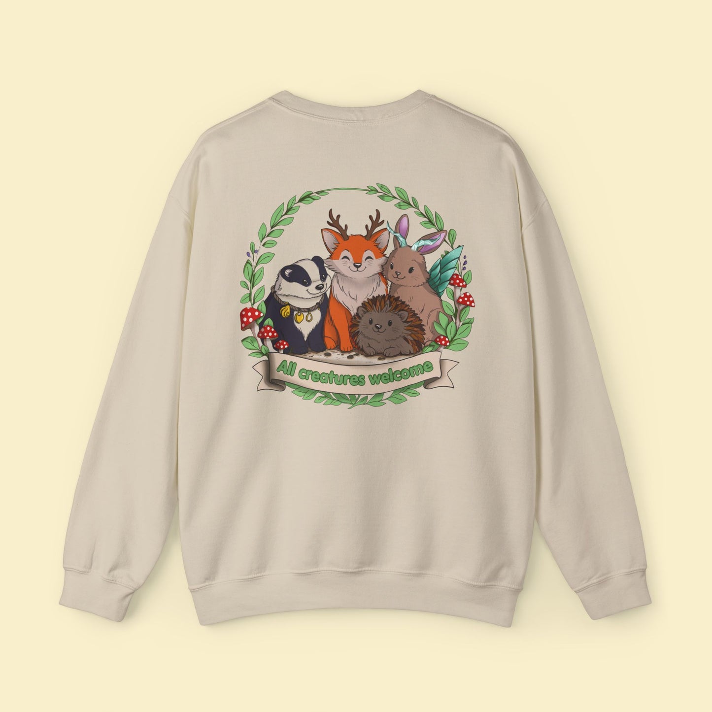 Cosy Creature Crew Sweatshirt – Woodland Animal Back Print Jumper, Cottagecore Oversized Pullover, Nature Lover Gift