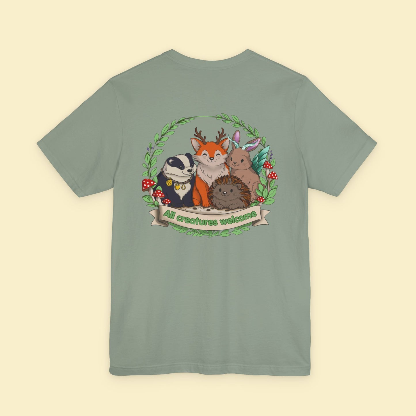 Cosy Creature Crew T-Shirt – Woodland Animal Graphic Tee with Back Print, Cottagecore Nature Shirt