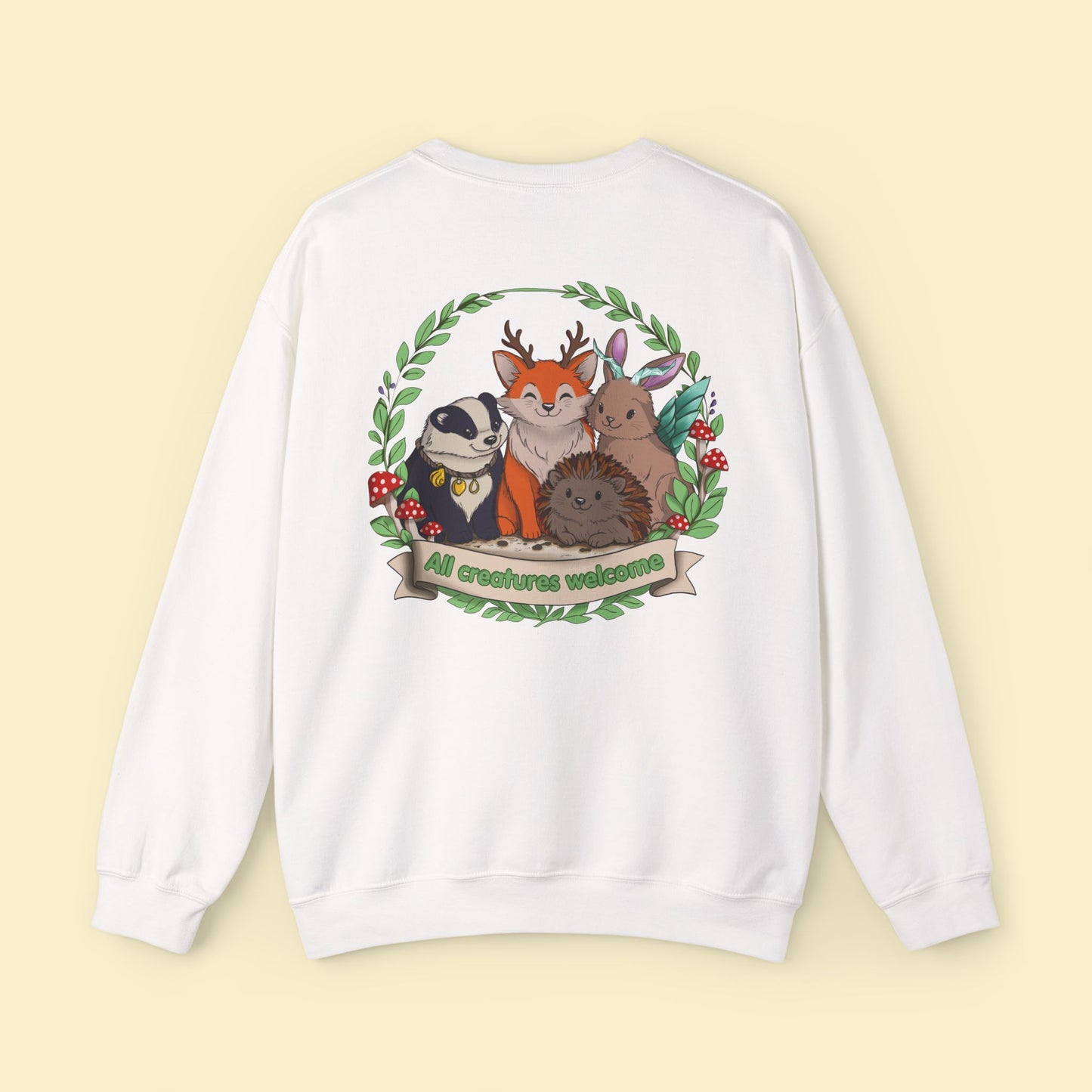 Cosy Creature Crew Sweatshirt – Woodland Animal Back Print Jumper, Cottagecore Oversized Pullover, Nature Lover Gift