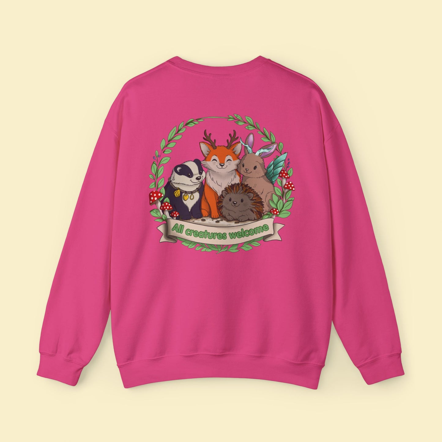 Cosy Creature Crew Sweatshirt – Woodland Animal Back Print Jumper, Cottagecore Oversized Pullover, Nature Lover Gift