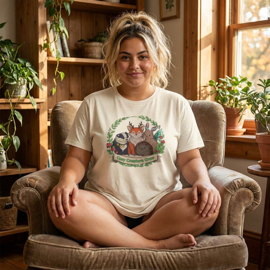 Cosy Creature Crew T-Shirt – Cottagecore Forest Tee, Body Positive Comfort Clothing