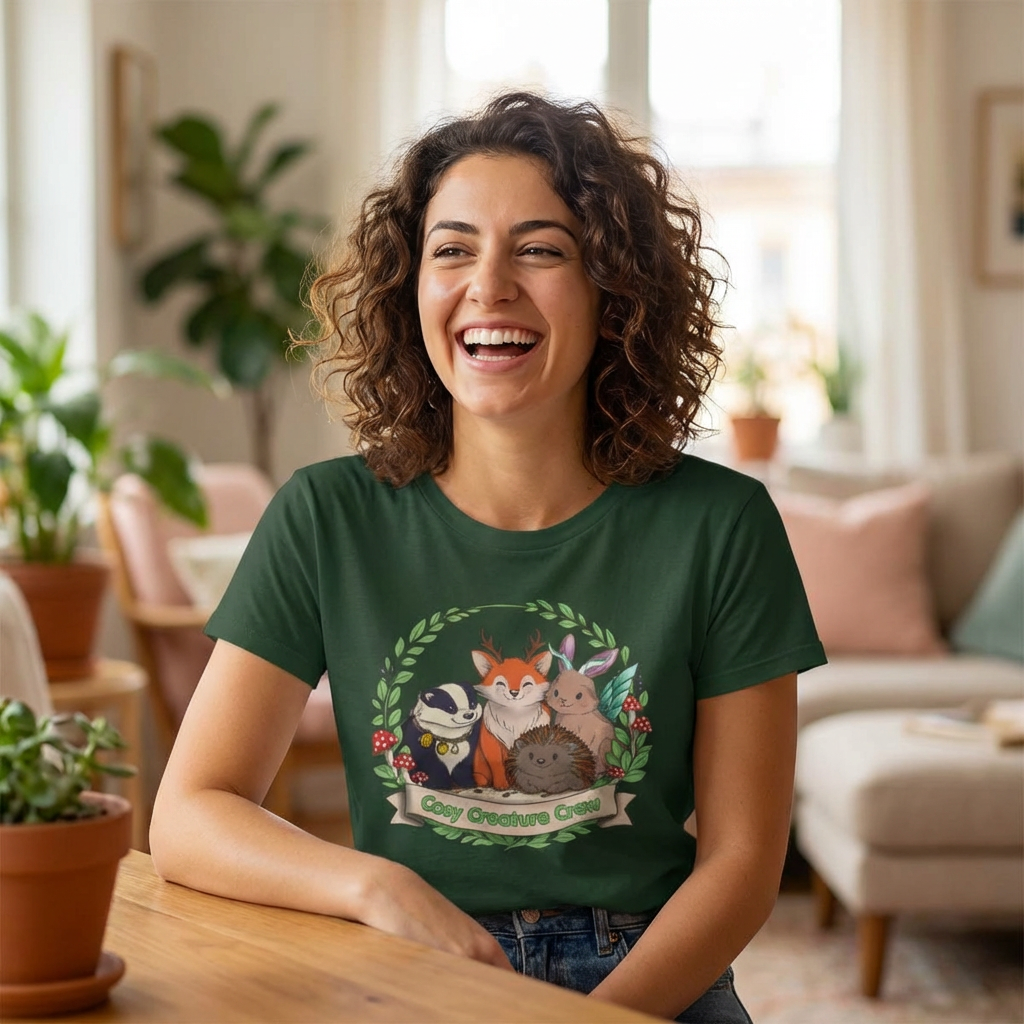 Cosy Creature Crew T-Shirt – Cottagecore Forest Tee, Body Positive Comfort Clothing