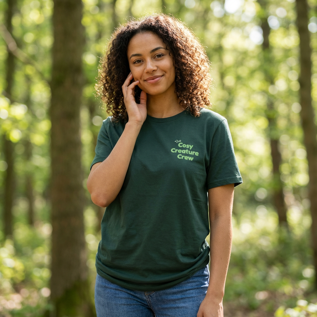 Cosy Creature Crew T-Shirt – Woodland Animal Graphic Tee with Back Print, Cottagecore Nature Shirt