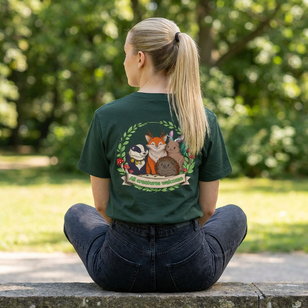 Cosy Creature Crew T-Shirt – Woodland Animal Graphic Tee with Back Print, Cottagecore Nature Shirt
