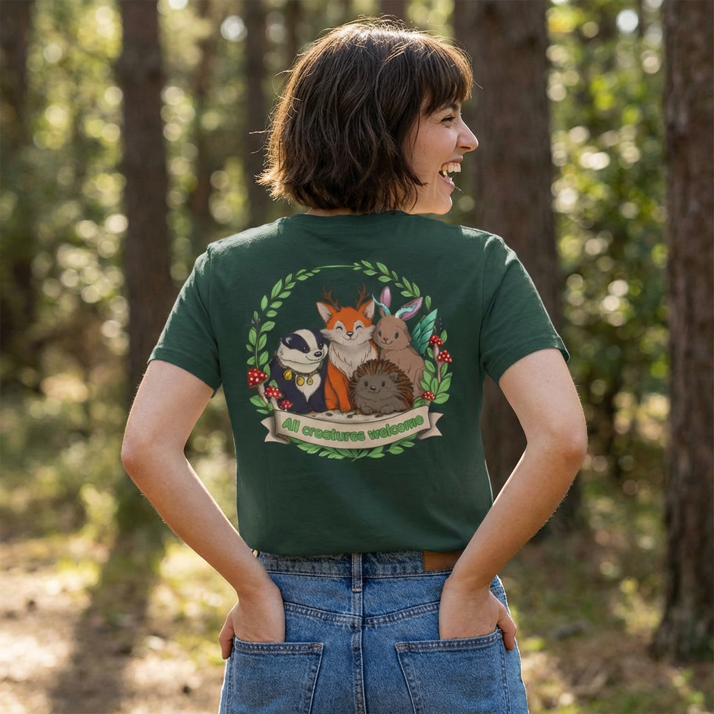 Cosy Creature Crew T-Shirt – Woodland Animal Graphic Tee with Back Print, Cottagecore Nature Shirt