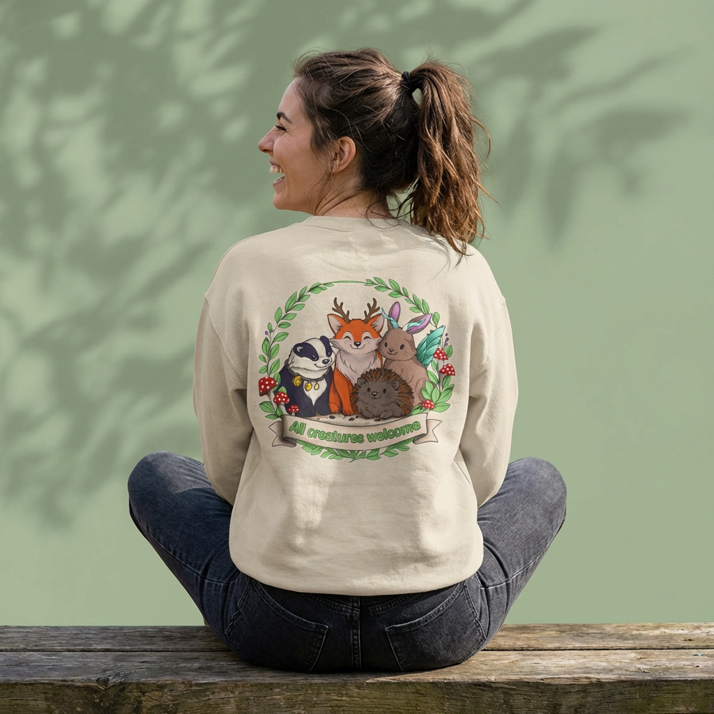 Cosy Creature Crew Sweatshirt – Woodland Animal Back Print Jumper, Cottagecore Oversized Pullover, Nature Lover Gift