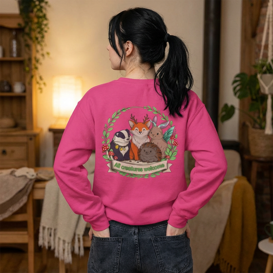 Cosy Creature Crew Sweatshirt – Woodland Animal Back Print Jumper, Cottagecore Oversized Pullover, Nature Lover Gift
