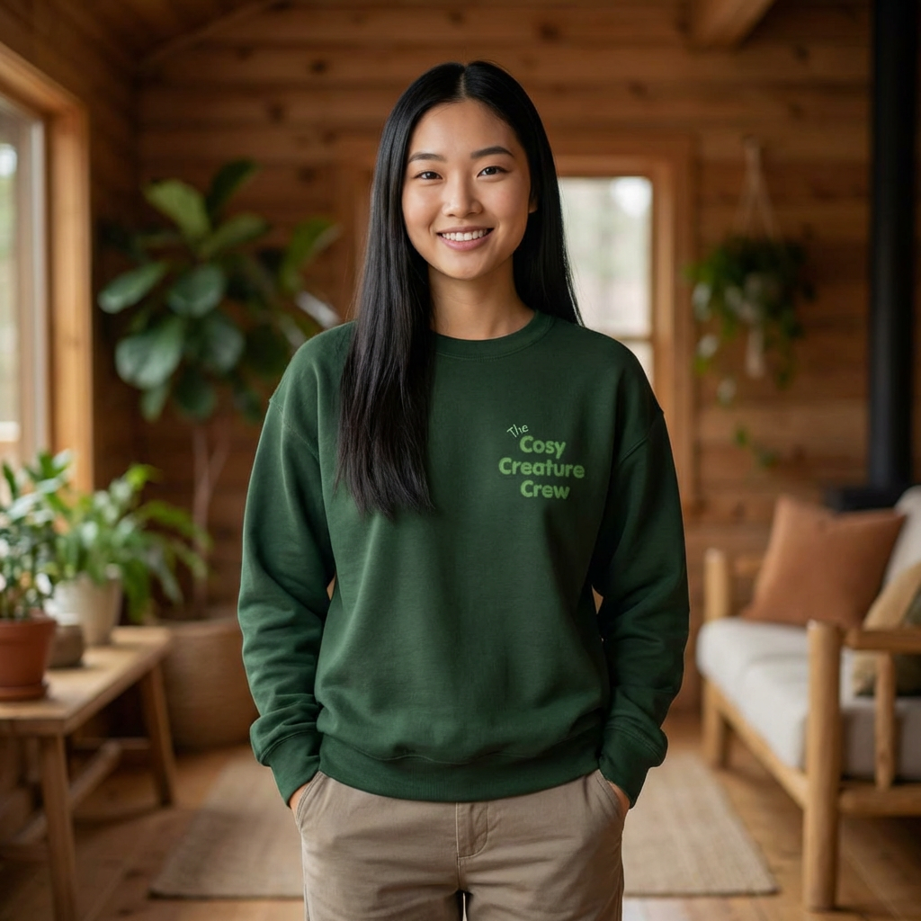 Cosy Creature Crew Sweatshirt – Woodland Animal Back Print Jumper, Cottagecore Oversized Pullover, Nature Lover Gift