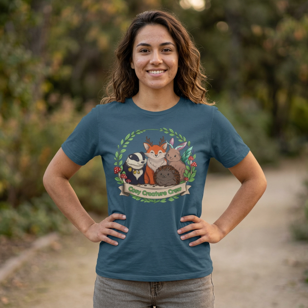 Cosy Creature Crew T-Shirt – Cottagecore Forest Tee, Body Positive Comfort Clothing