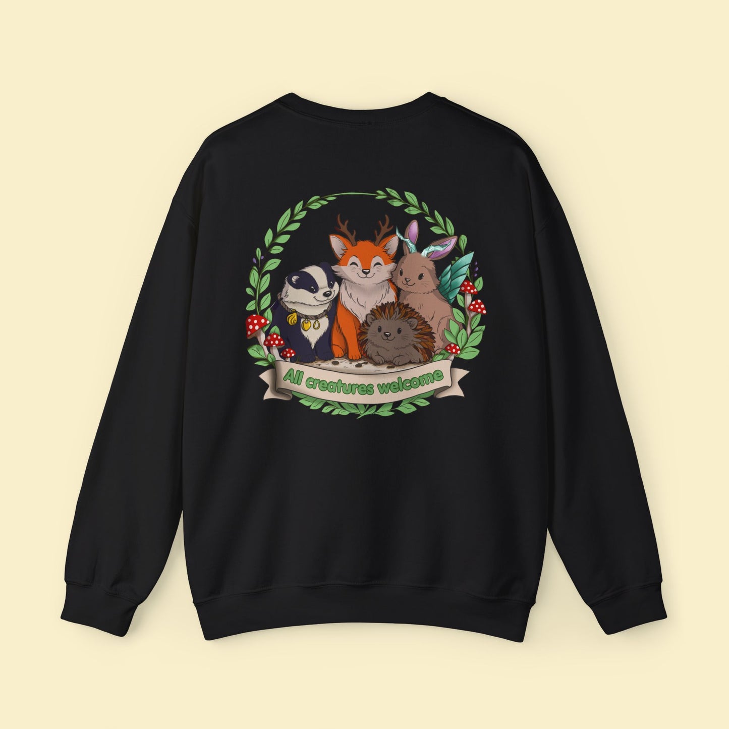 Cosy Creature Crew Sweatshirt – Woodland Animal Back Print Jumper, Cottagecore Oversized Pullover, Nature Lover Gift