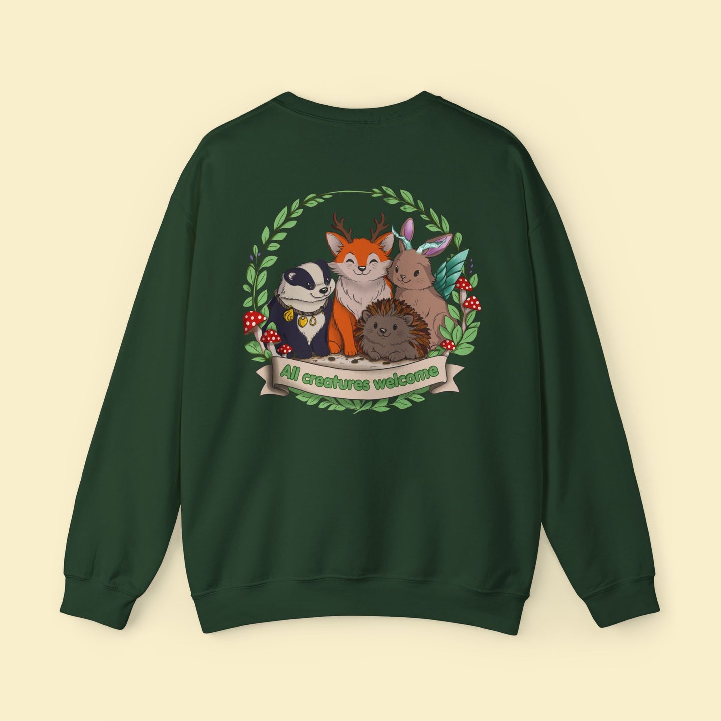 Cosy Creature Crew Sweatshirt – Woodland Animal Back Print Jumper, Cottagecore Oversized Pullover, Nature Lover Gift