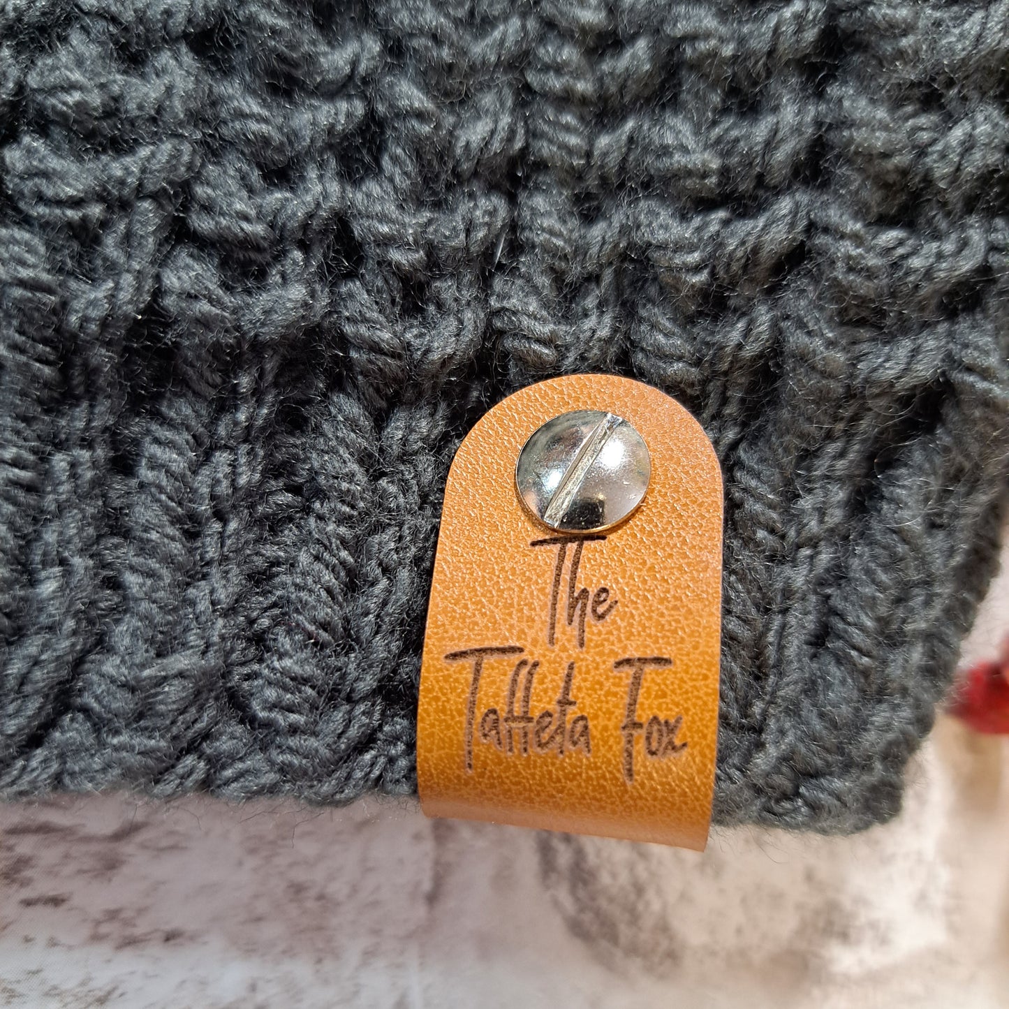 Dark Grey Men's Hand Knit Hat - Tag Close Up 