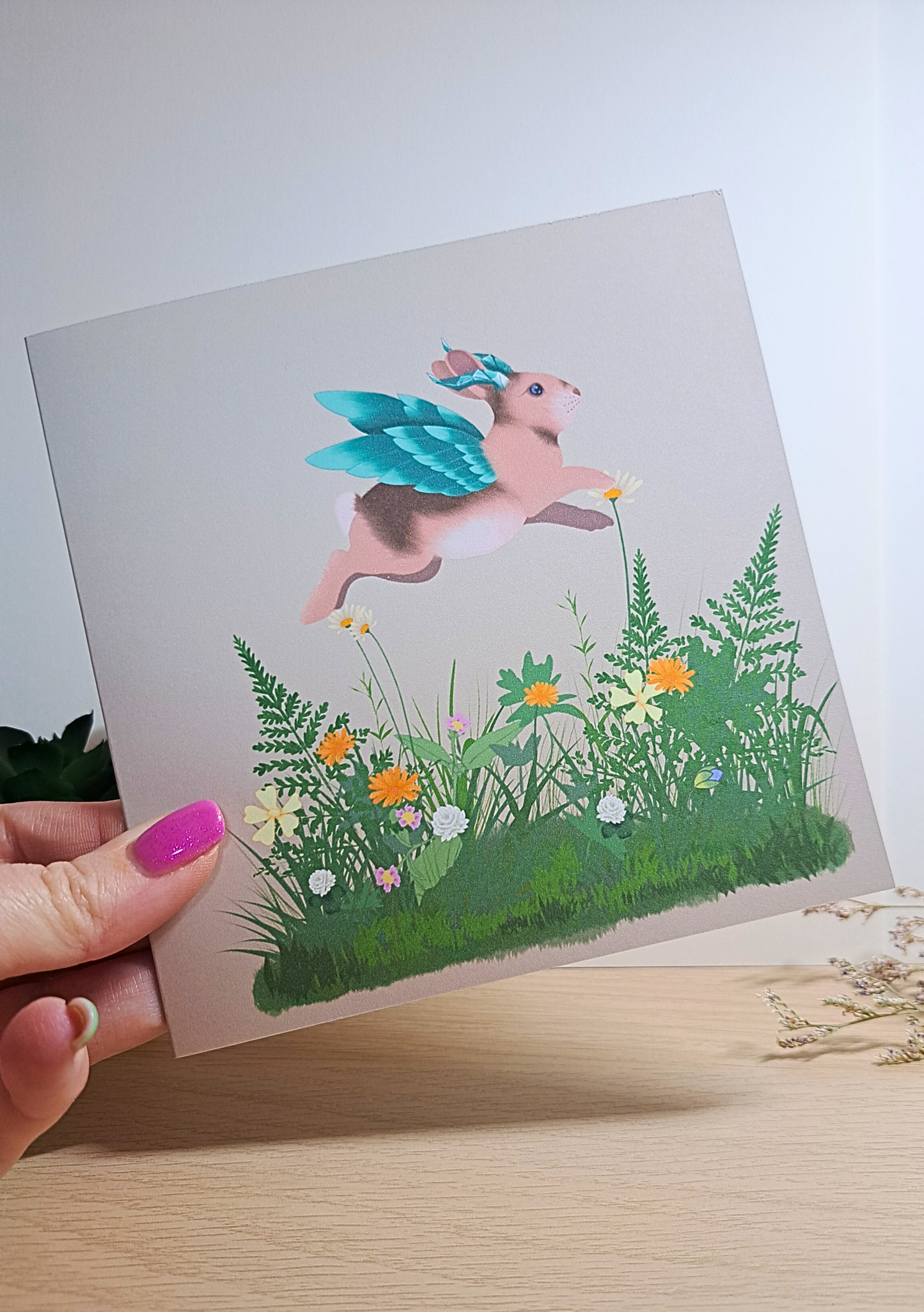 Fantasy Rabbit Greeting Card – Winged Woodland Familiar Art Card