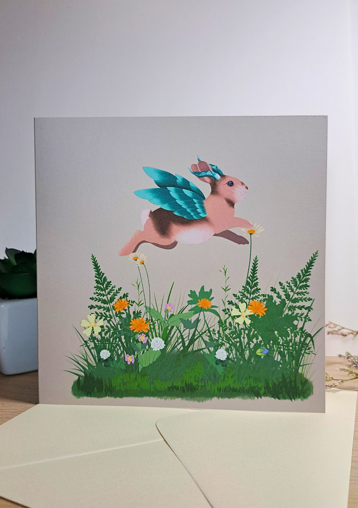 Fantasy Rabbit Greeting Card – Winged Woodland Familiar Art Card