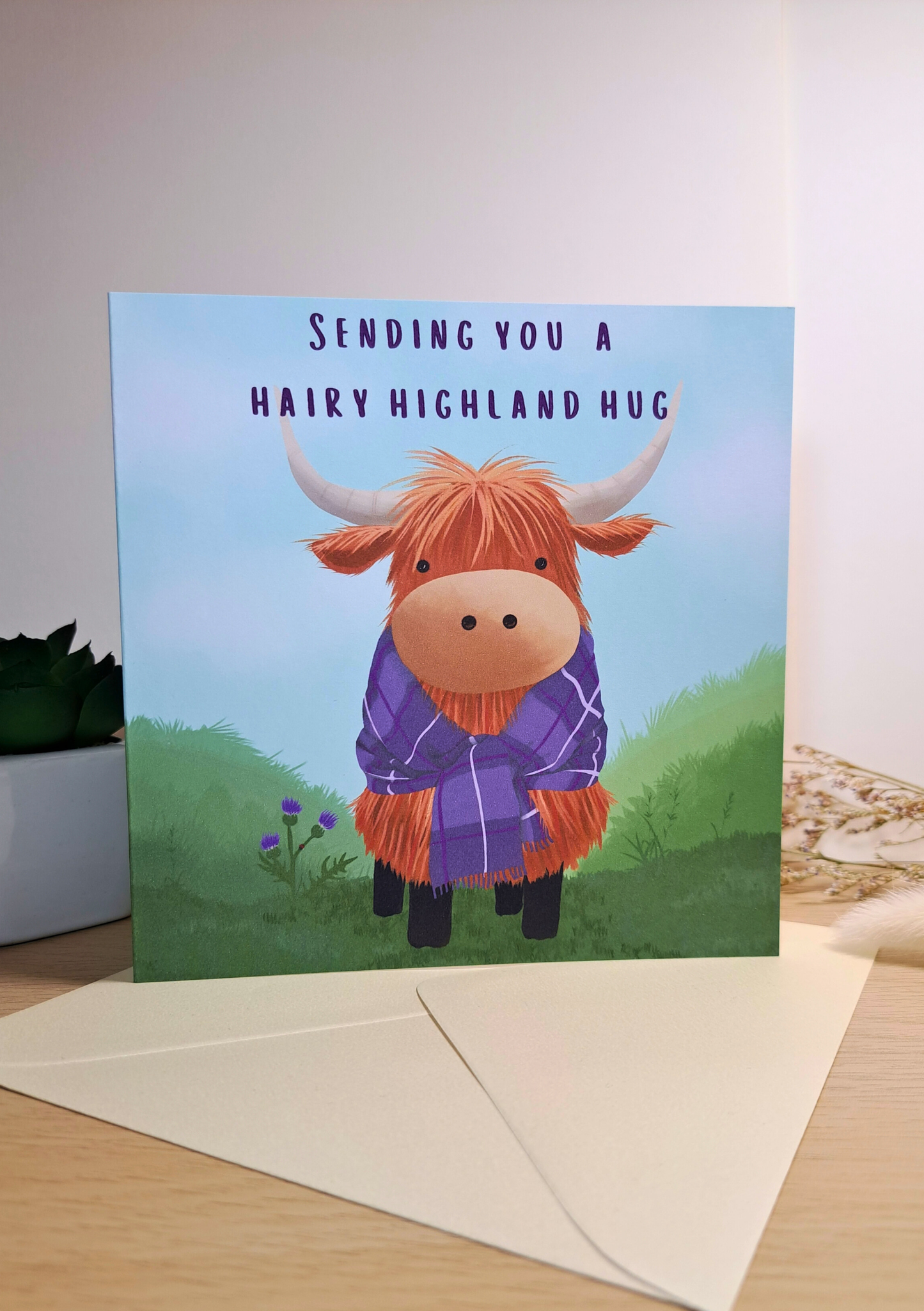 Highland Cow “Hairy Highland Hug” Card – Cute Scottish Coo Greeting Card