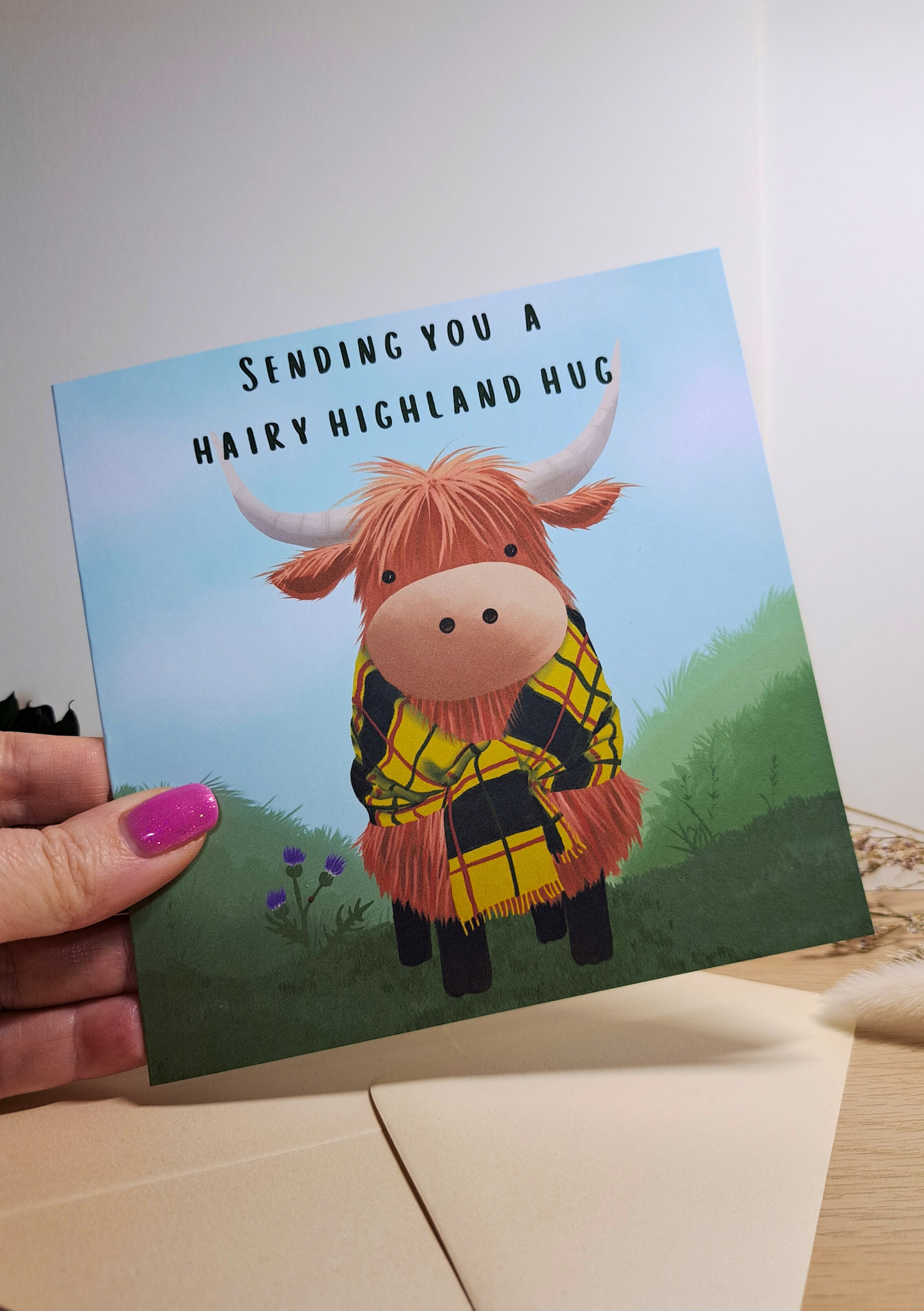 Highland Cow “Hairy Highland Hug” Card – Cute Scottish Coo Greeting Card