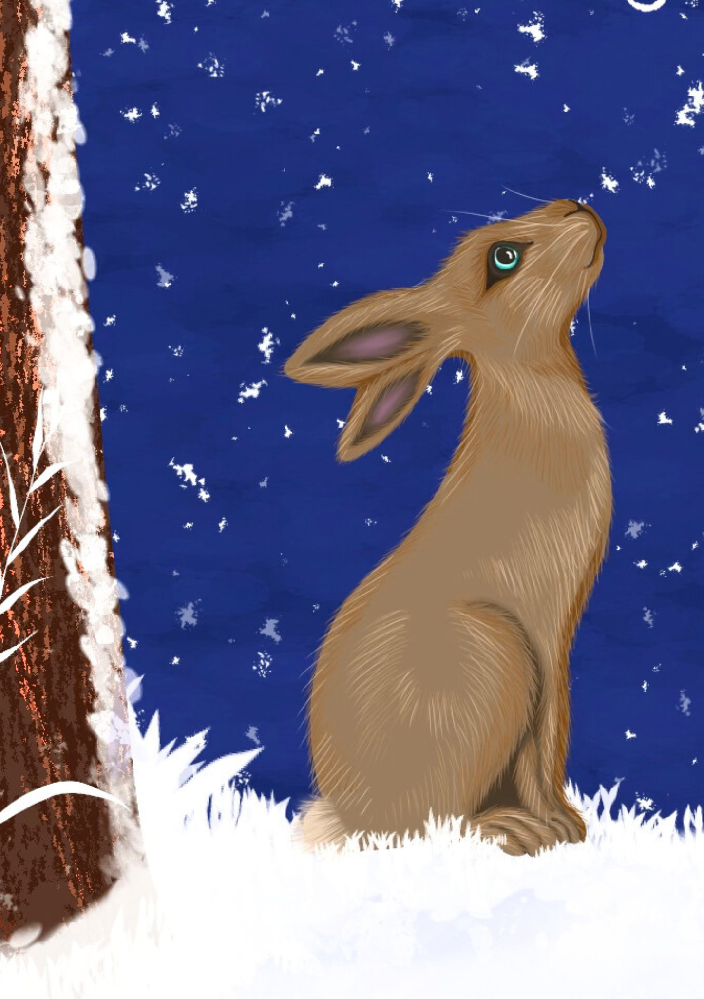 Moon Gazing Hare Greeting Card – Whimsical Night Sky Art Card