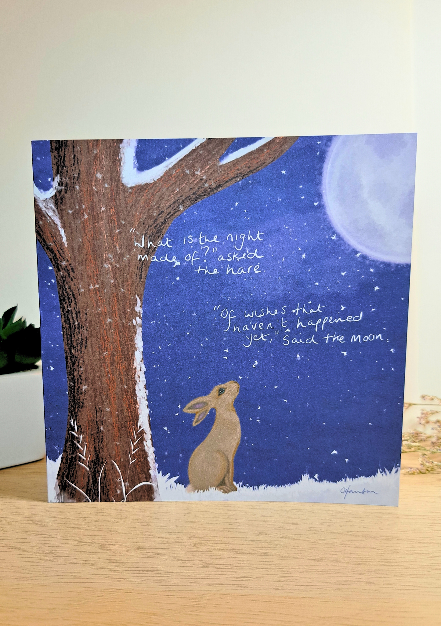 Moon Gazing Hare Greeting Card – Whimsical Night Sky Art Card