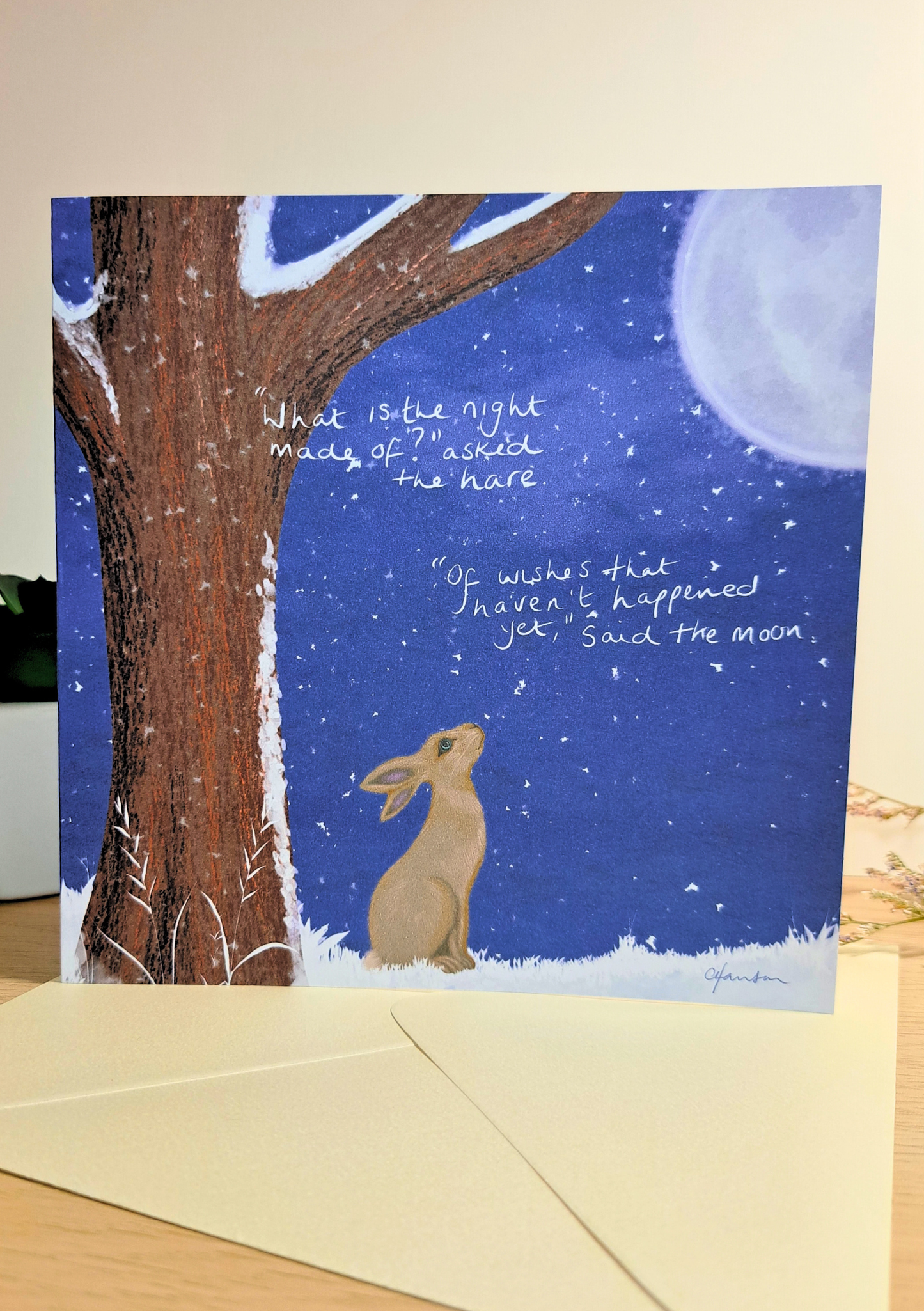 Moon Gazing Hare Greeting Card – Whimsical Night Sky Art Card