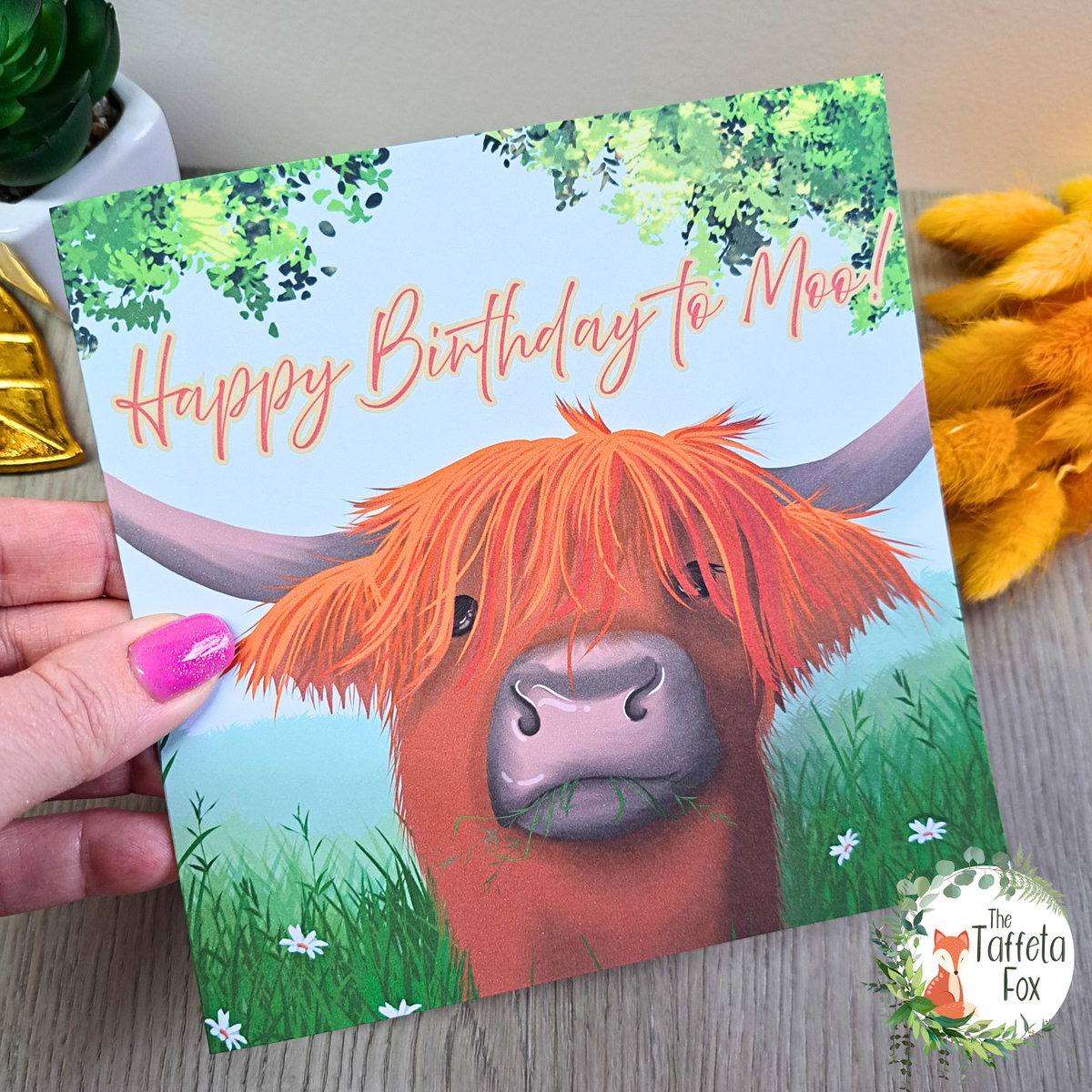 Highland Cow Birthday Card – “Happy Birthday to Moo!” Cute Scottish Cow Greeting Card