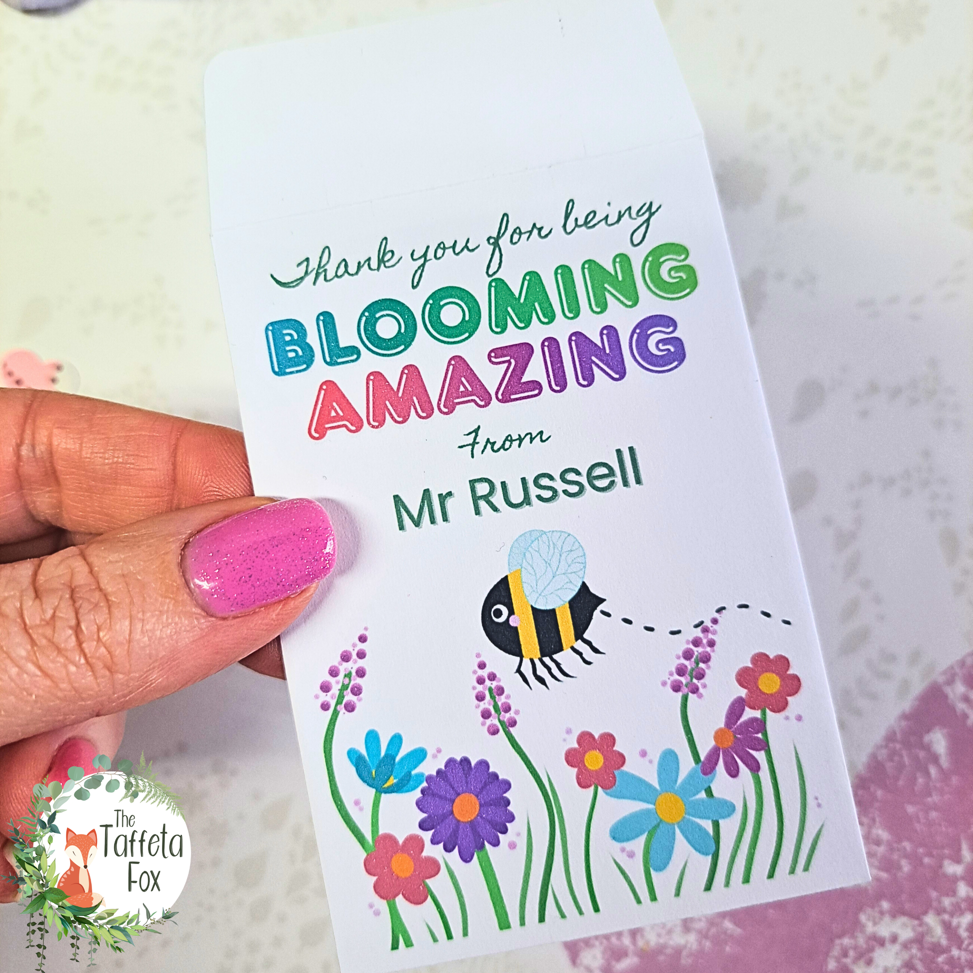 Personalised Blooming Amazing teacher wildflower seed packet with colourful flowers and bee illustration.
