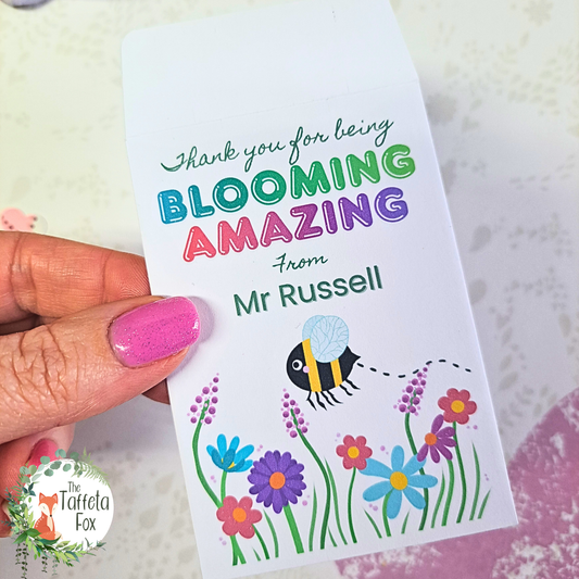 Personalised Blooming Amazing teacher wildflower seed packet with colourful flowers and bee illustration.